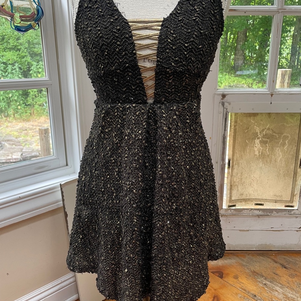 brown and gold mini dress